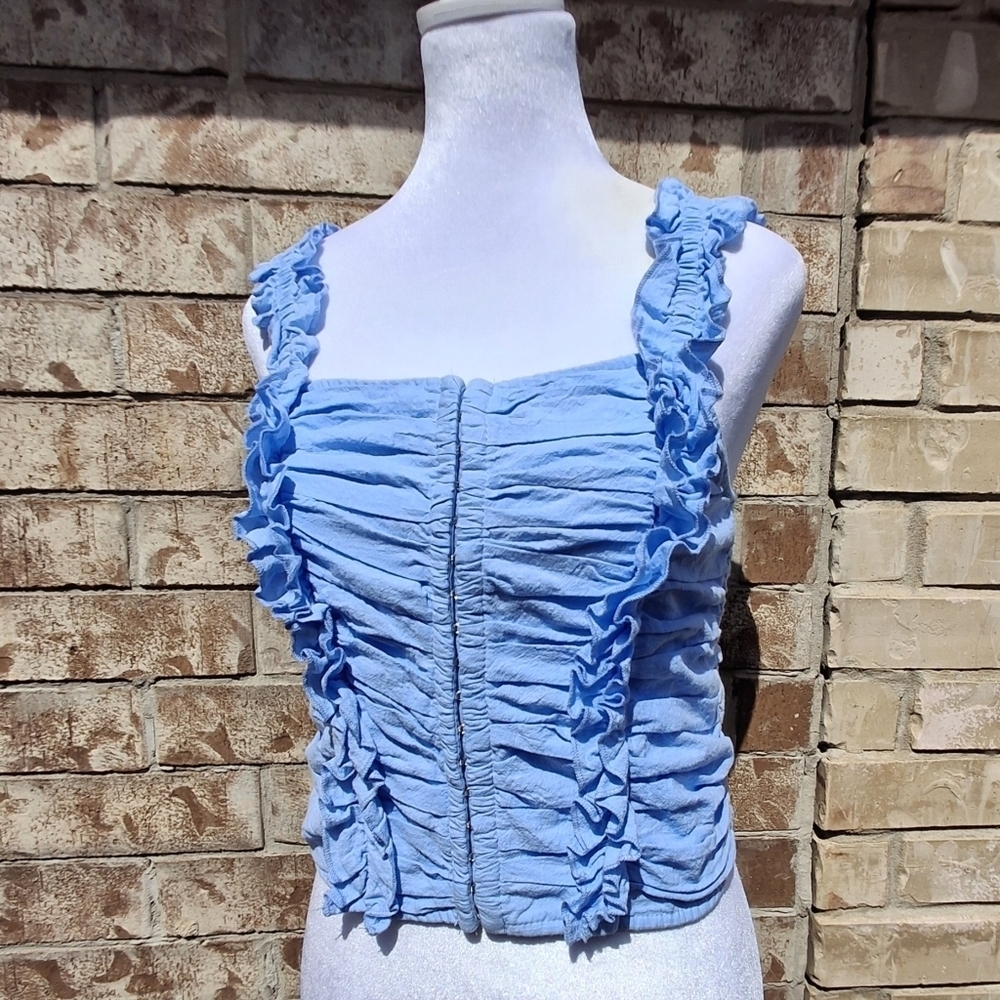 Entro Smocked Ruched Ruffle Gather Blue Cropped Top Women Size Medium